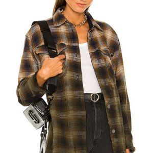 Free People We The Free Anneli Plaid Shirt Jacket Oversized Navy Tobacco XS New